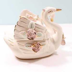 Vintage Mid Century Lefton Porcelain Swan Rose Gold Trinket Powder Dish Vanity